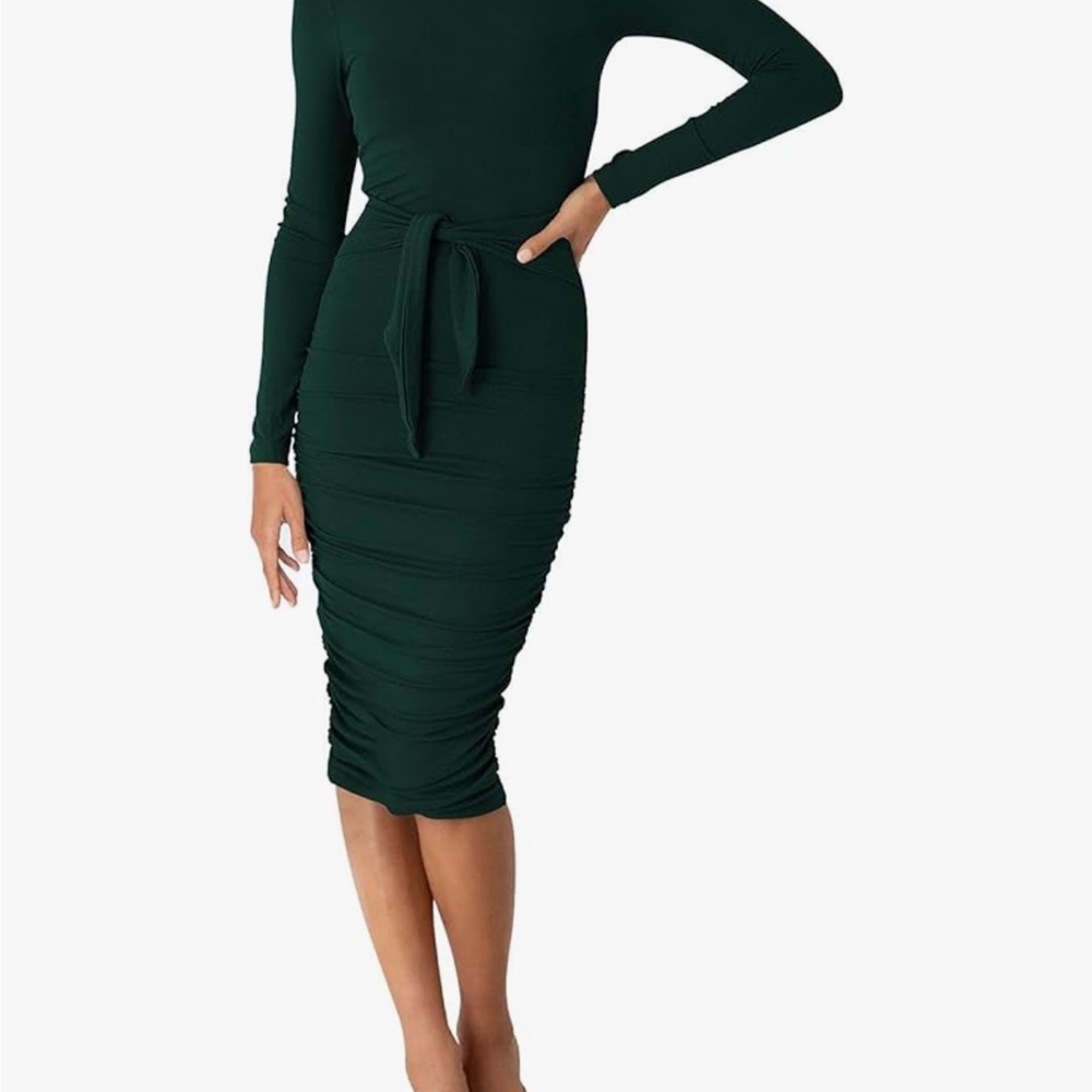 Long Sleeve Ruched Midi Dress with Self-Tie Waist - Dark Green